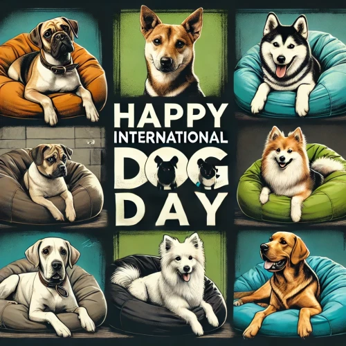 DALL·E 2024 08 26 18.48.14 A collage celebrating Happy International Dog Day, featuring six images o