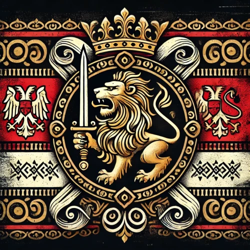 DALLE-2025-01-06-21.27.29---A-medieval-army-banner-featuring-a-black-background-with-a-golden-lion-emblem-in-the-center-surrounded-by-intricate-Bulgarian-inspired-patterns-in-re.webp